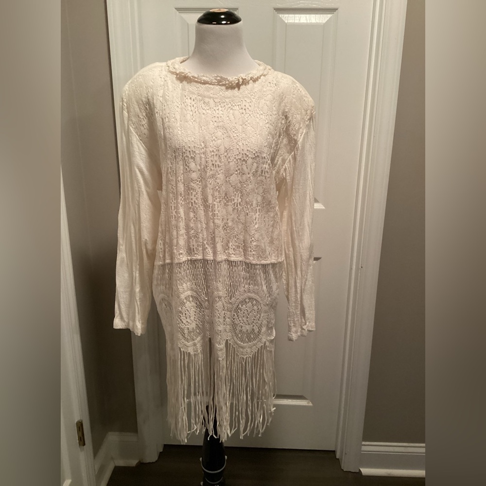 Vintage Choon Size 10 Lace White Fringed Top Made in USA 80s Boho